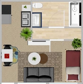 Floor plan of a home top view 3D illustration. Open concept living apartment layout