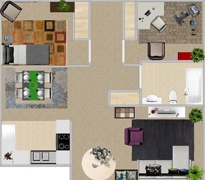 Floor plan of a home top view 3D illustration. Open concept living apartment layout